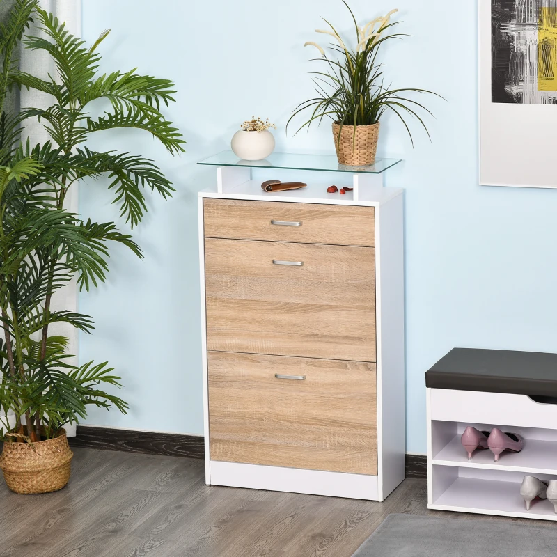 HOMCOM Scarpiera con 2 Ante Ribaltabili, 2 Compartimenti per Ripiano, Cassetto, Piatto in Vetro, Legno Rovere e Bianco