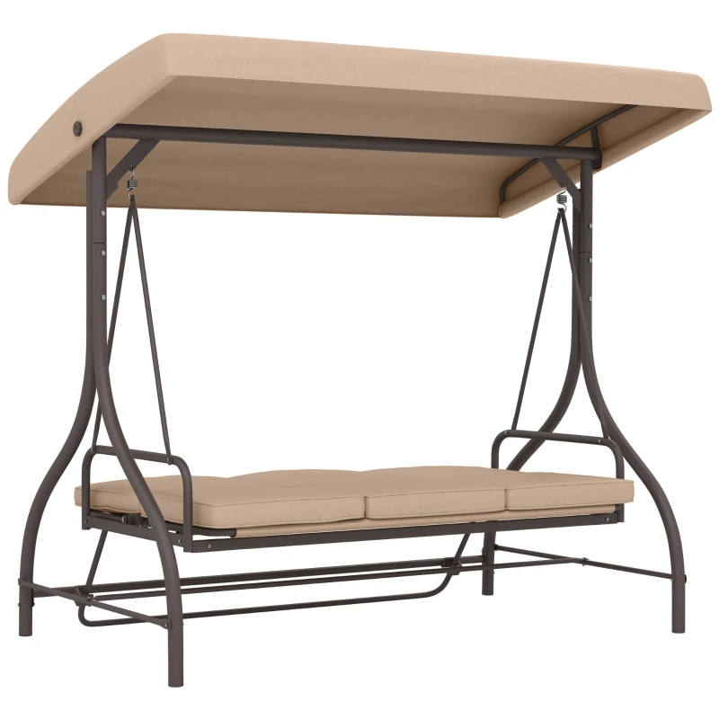 Outsunny Dondolo da giardino 3 posti con tetto regolabile e cuscini, Kaki