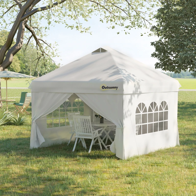 Outsunny Tonnelle pop-up tenda da giardino gazebo 3x3 m altezza regolabile con 4 pareti laterali rimovibili, finestre, sacca da trasporto con ruote - bianco