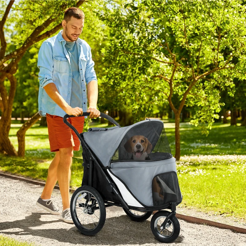 PawHut Cochecito para Perros 3 Ruedas Plegable con Bolsillo de Almacenamiento Cojín Suave Correa de Seguridad Gris