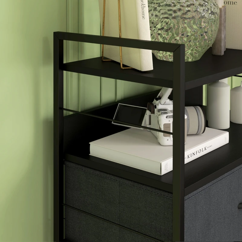 HOMCOM Cómoda Mueble de Almacenamiento 5 cajones en tela amovibles y 2 estantes estructura acero 58x30x120 cm Negro