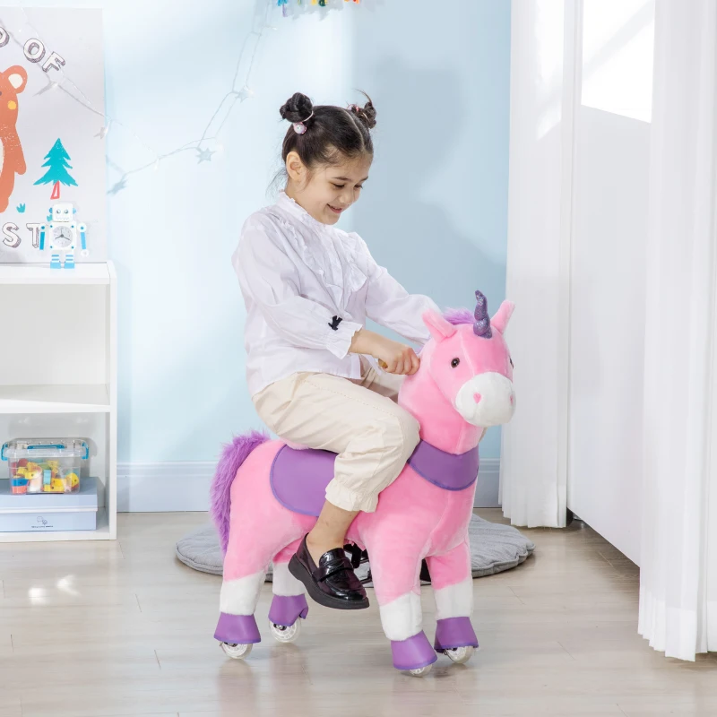 HOMCOM Caballo a Dondolo con Ruedas en Forma de Unicornio para Niños de 3-6 Años, 70x32x87 cm, Rosa