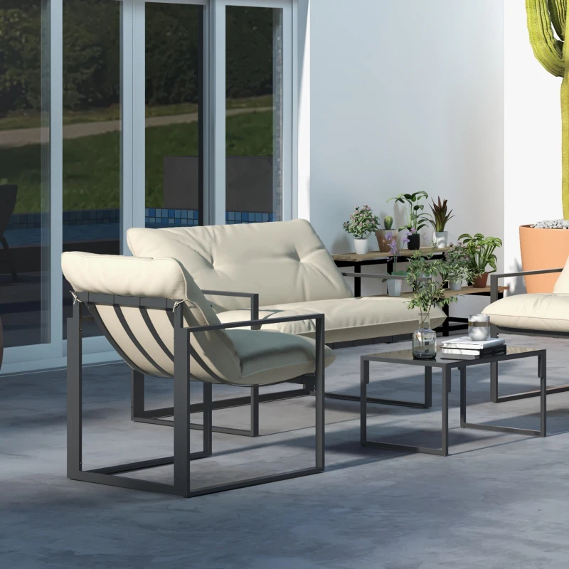 Outsunny Tuinmeubelset met Glazen Tafel, 2 Stoelen, 1 Bank, Weerbestendig, 114 cm x 70 cm x 67 cm, Grijs+Beige