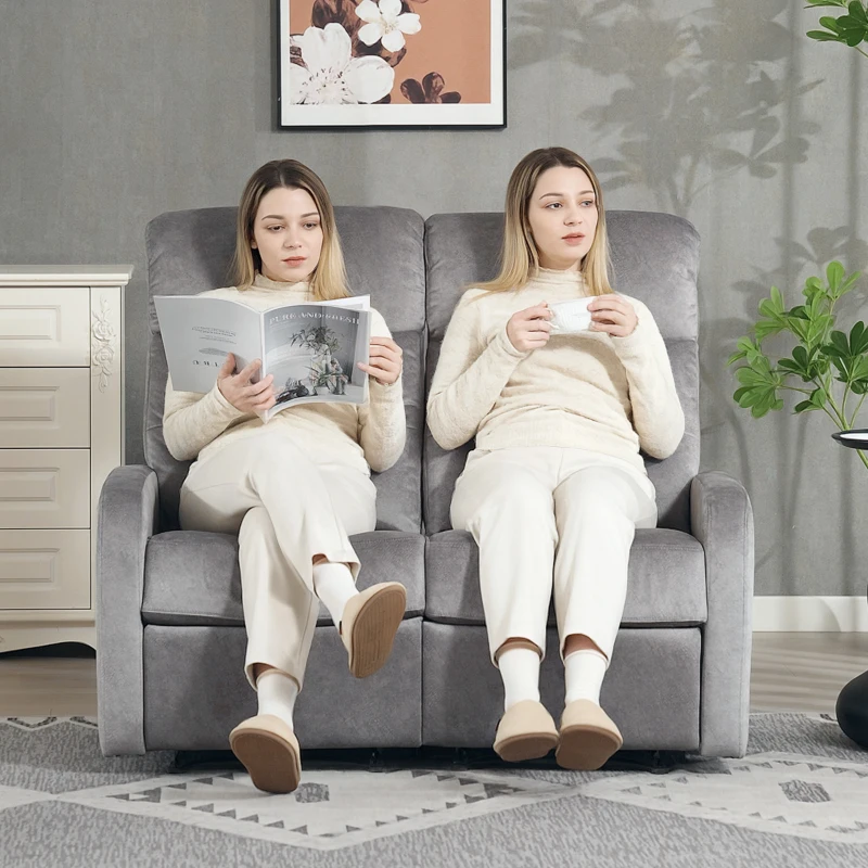 HOMCOM Dubbelzit-Stoel, Relaxstoel met Verstelbare Dubbele Rugleuning en Voetensteun, voor Woonkamer, Stoffen Bekleding, Grijs(m-9)