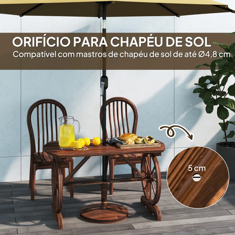 Outsunny Mesa de Jardim de Madeira 120x63x70 cm com Pernas em Forma de Roda Orifício para Chapéu de Sol Madeira Carbonizada