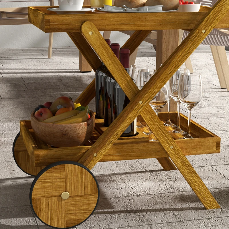 Outsunny Carrito de jardín para barbacoa de madera con 2 estantes, 3 compartimentos para botellas y 2 ruedas Madera Natural