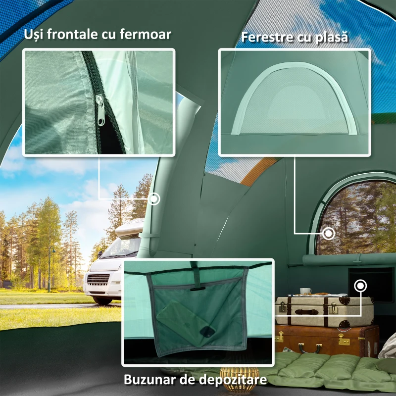 Outsunny Cort de Camping pentru 4 Persoane Impermeabil cu Protecție UV, Ferestre și Stâlpi, 4.55x2.3x1.8 m, Verde