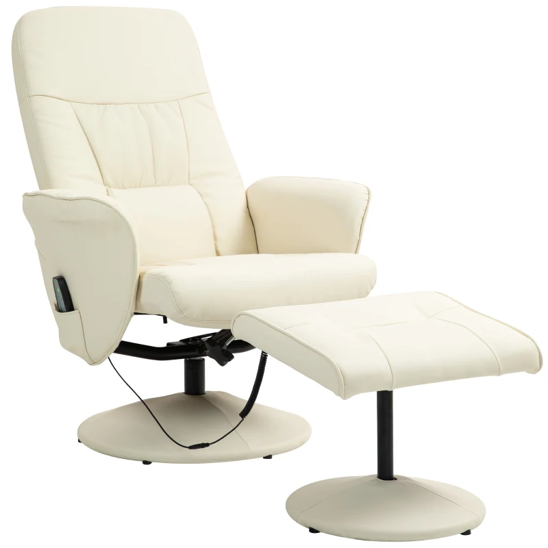 HOMCOM Poltrona massaggiante con poggiapiedi, Sedia ergonomica con 10 punti vibrazione, Ecopelle, 76 x 81 x 105 cm, Bianco crema