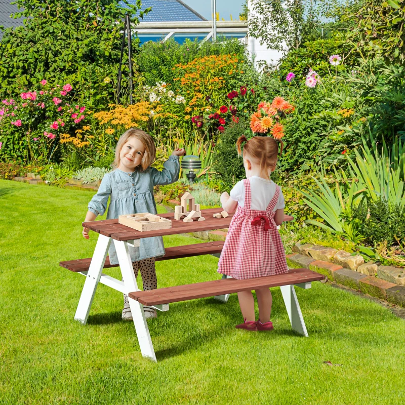 Outsunny Tavolo da Picnic per Bambini con Panche in Legno Massiccio, Tavolo Bambini per il Giardino, 89 x 79 x 50 cm, Marrone e Bianco
