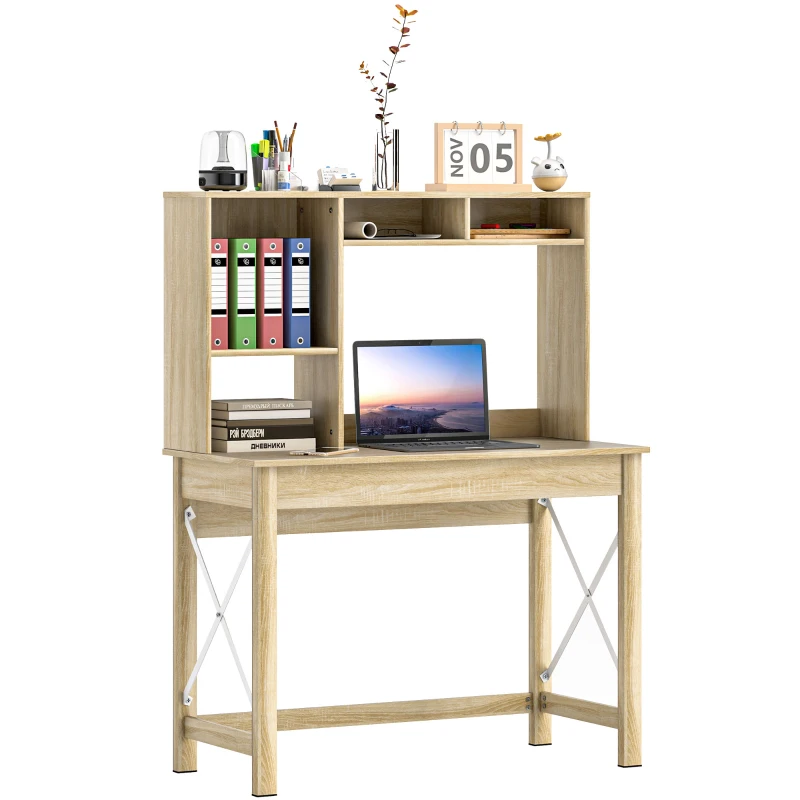 HOMCOM Escritorio con almacenamiento escritorio biblioteca de madera con estantes y gran tablero para espacios pequeños aspecto Roble