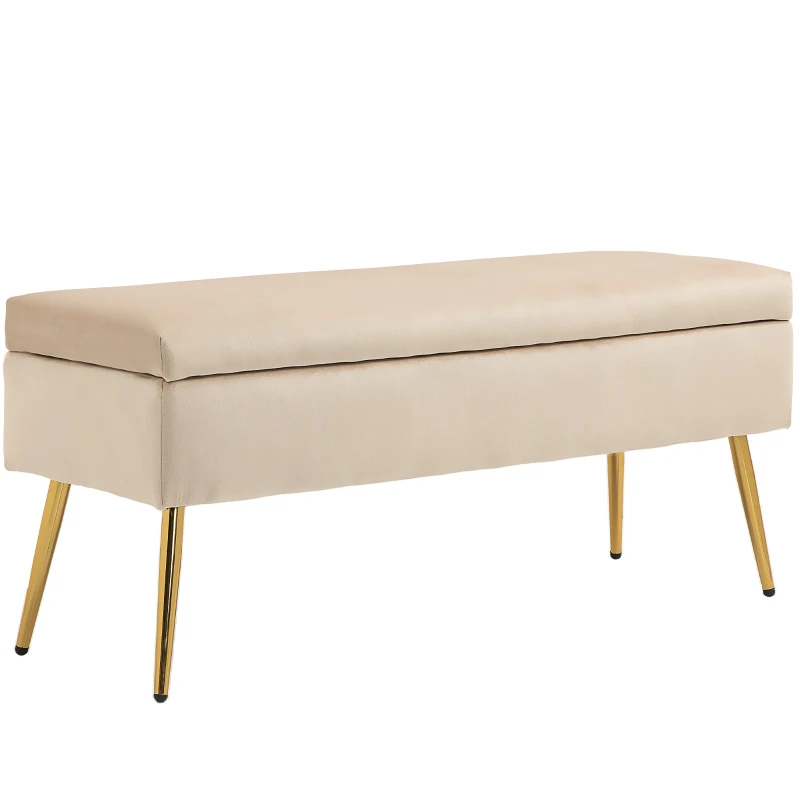 HOMCOM Banco de almacenamiento 2 en 1 banqueta de terciopelo con tapa abatible y patas de metal Amarillo