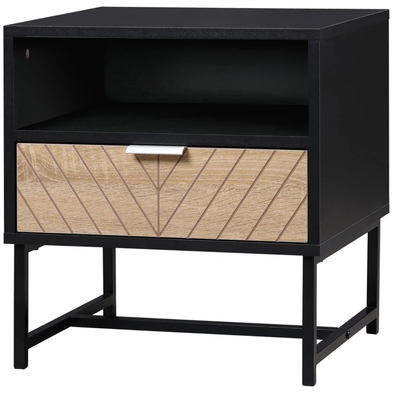 HOMCOM Mesa de noche mesa de noche estilo industrial cajón estante de metal aspecto de madera de Roble en espiga Negro