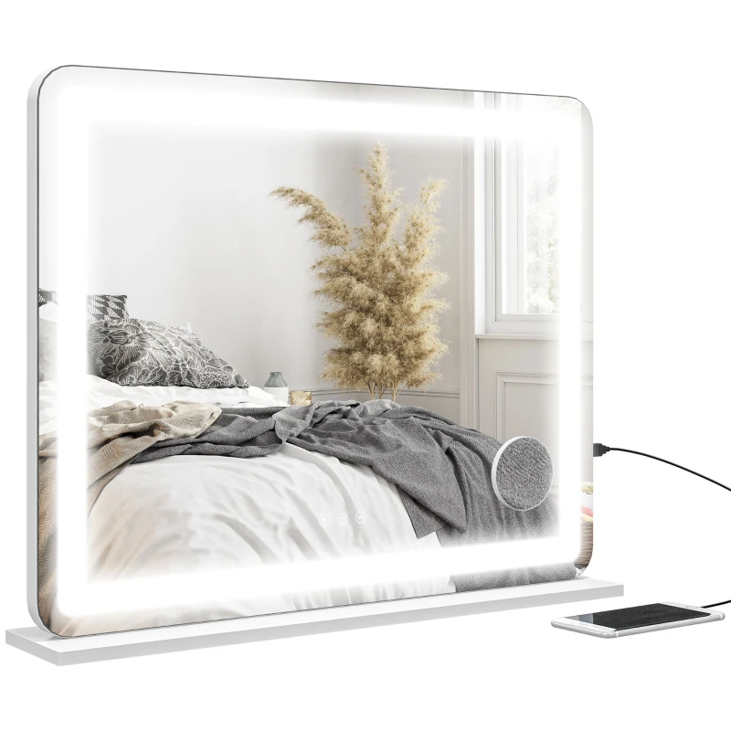 HOMCOM Espejo luminoso LED intensidad 3 modos de iluminación aumento 10X puerto de carga USB control táctil - 80x62 cm