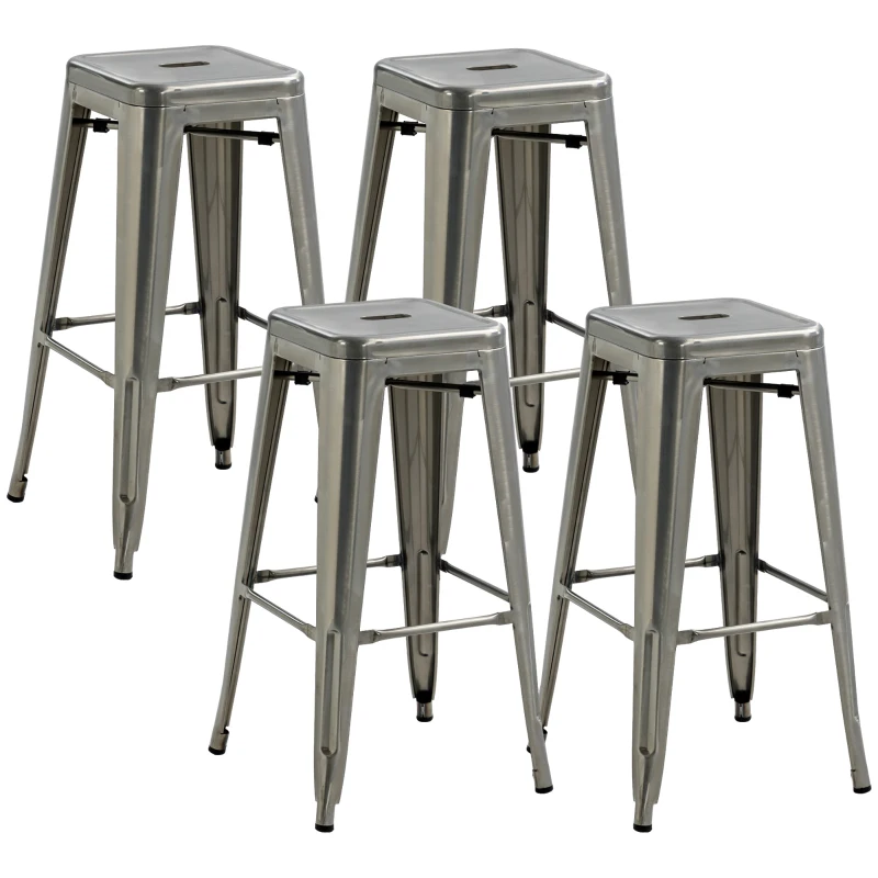 HOMCOM Conjunto de 4 taburetes de bar industrial apilables altura asiento 76 cm metal plata