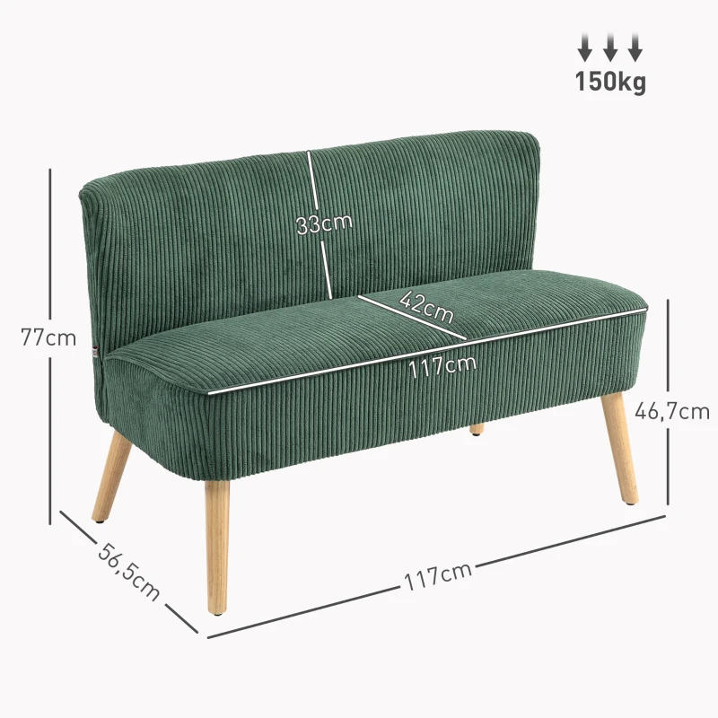 HOMCOM Sofá de 2 Plazas Madera Poliéster Aterciopelado Espuma 117x56,5x77 cm Verde