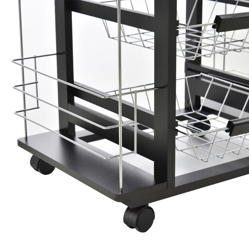 HOMCOM Carrito de servicio para cocina con ruedas multiusos 4 cestas metálicas cajón + 4 espacios para botellas madera de pino Negro