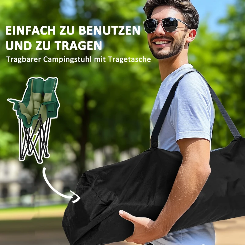 Outsunny Opvouwbare Stoel, Gepolsterde Visstoel, Metalen Frame, Bekerhouders, Olijfgroen