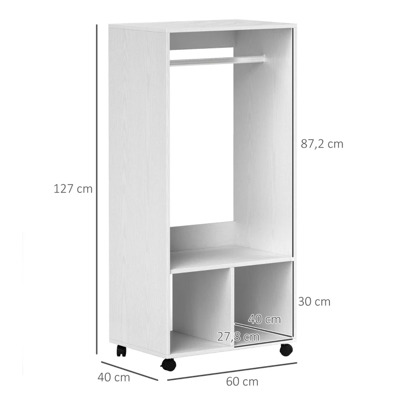 HOMCOM Armario Móvil de Ropa 60x40x127 cm 1 Barra de Ropa 2 Estantes Blanco