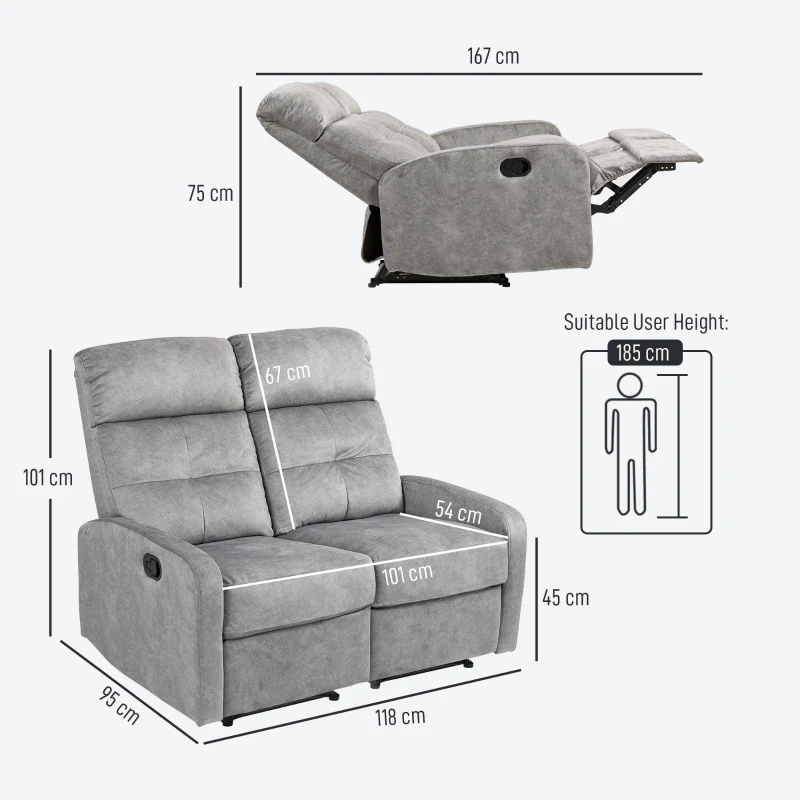 HOMCOM Dubbelzit-Stoel, Relaxstoel met Verstelbare Dubbele Rugleuning en Voetensteun, voor Woonkamer, Stoffen Bekleding, Grijs(m-3)