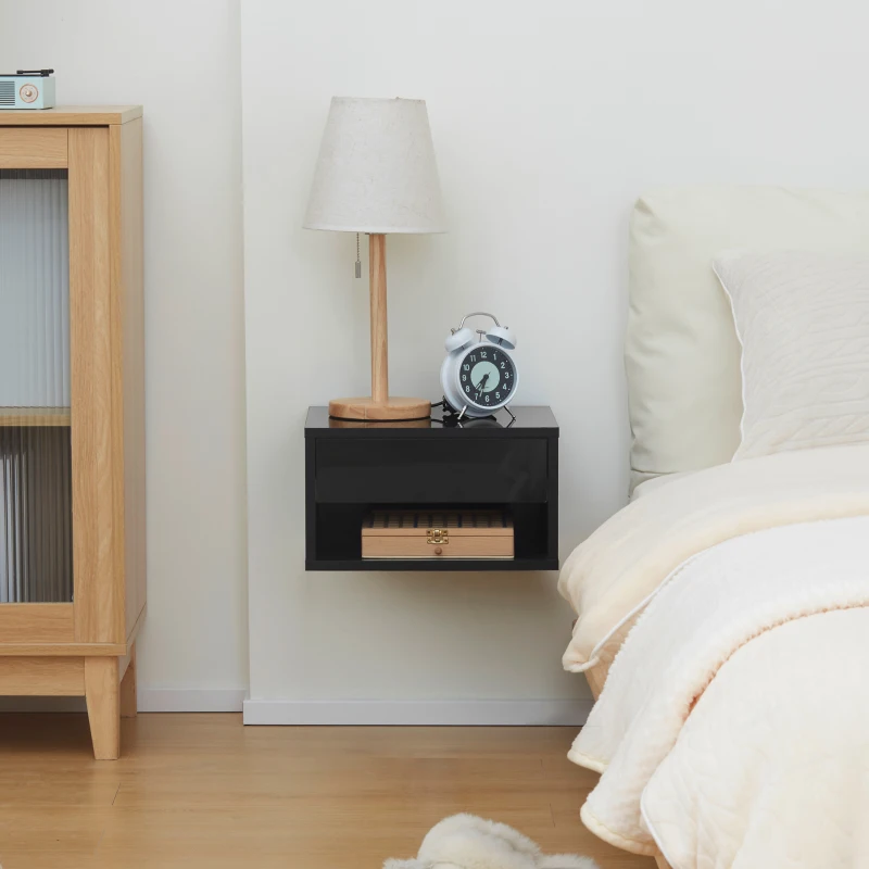 HOMCOM Conjunto de 2 mesitas de noche de pared mesita de noche cajón deslizante espacio de almacenamiento tablero en madera 37x32x21 cm