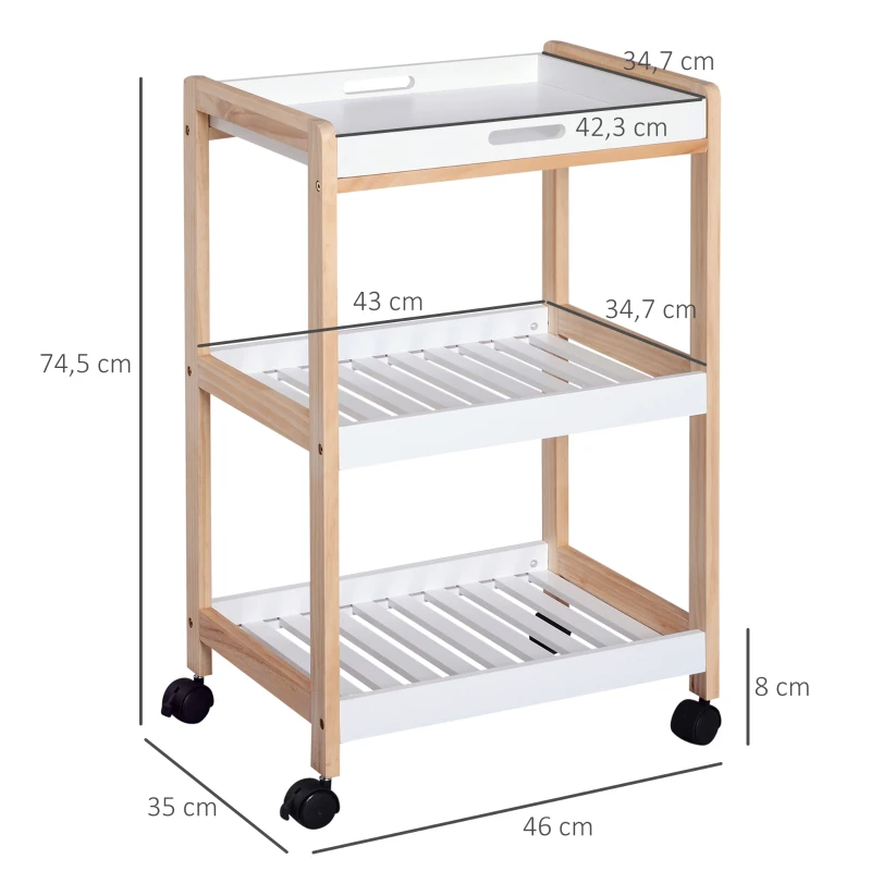HOMCOM Carrito de servicio con ruedas para cocina 2 estantes + bandeja desmontable de madera de pino MDF Blanco