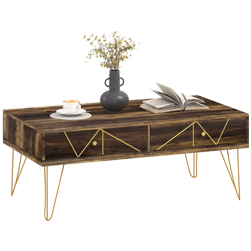 HOMCOM Mesa de Café de Madera Mesa de Centro con Gran Tablero y 2 Cajones Diseño de Lujo Elegante Decoración con Líneas Doradas