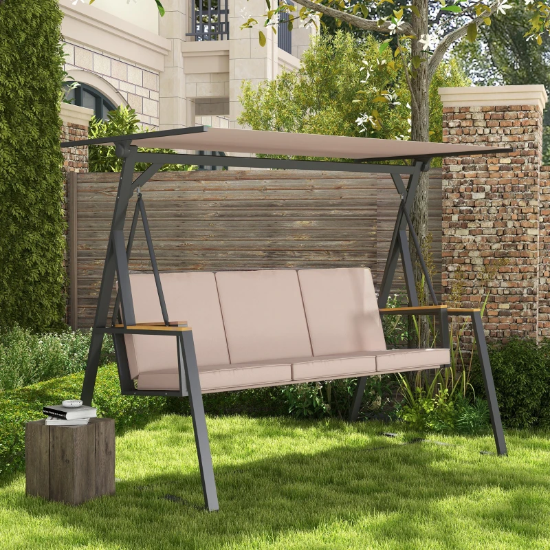 Outsunny Tuin schommelbank Hollywoodschommel 3-zits, met zonnedak, weerbestendig, Beige + Zwart