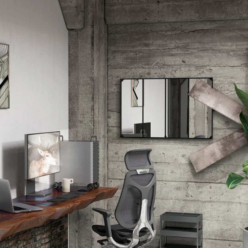 HOMCOM Espejo mural estilo ventana rectangular de estilo industrial horizontal o vertical con 4 ganchos en metal Negro 109x69 cm