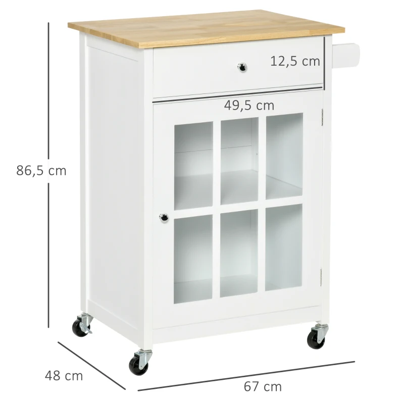 HOMCOM Carrito de cocina con ruedas multi-almacenamiento - armario con puerta de vidrio y estante ajustable cajón porta-toalla Blanco