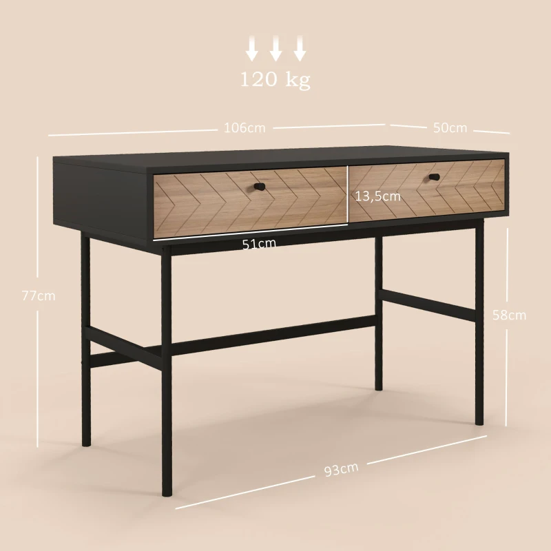 HOMCOM Escritorio compacto consola con 2 cajones frentes de espiga estructura metal Negro 106x50x77 cm