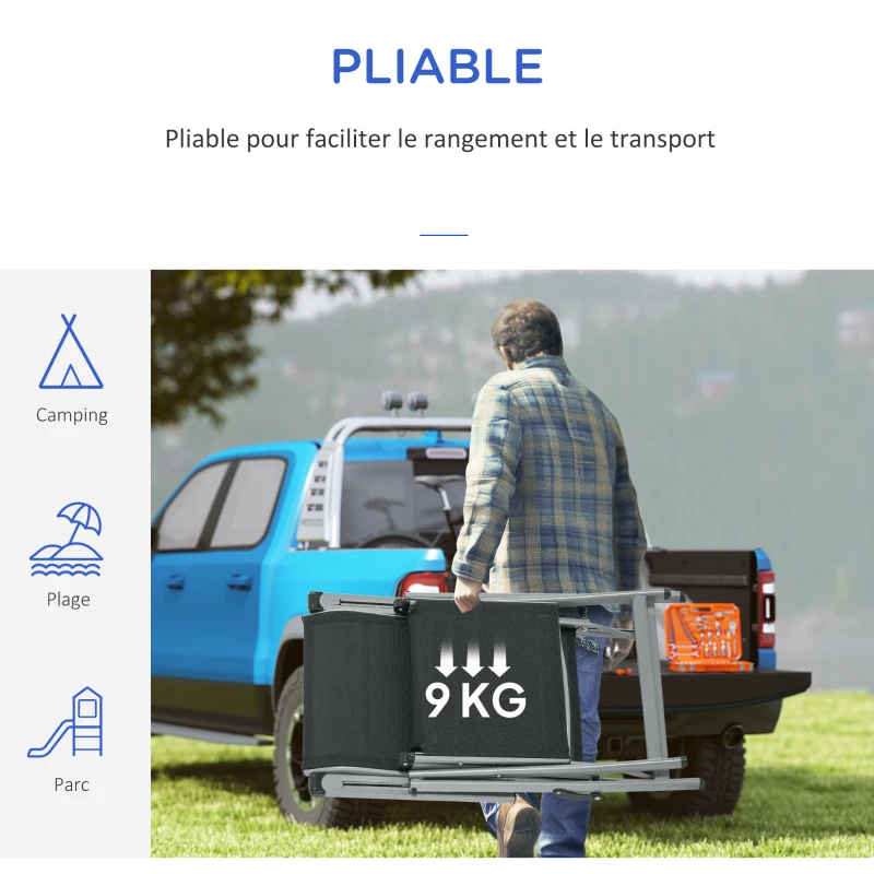 Outsunny Chaise longue pliable transat bain de soleil avec dossier & repose-pied réglable multi-positions, noir