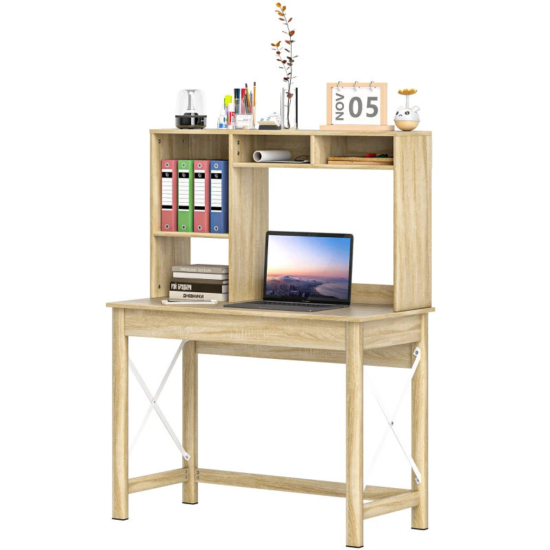 HOMCOM Escritorio con almacenamiento escritorio biblioteca de madera con estantes y gran tablero para espacios pequeños aspecto Roble