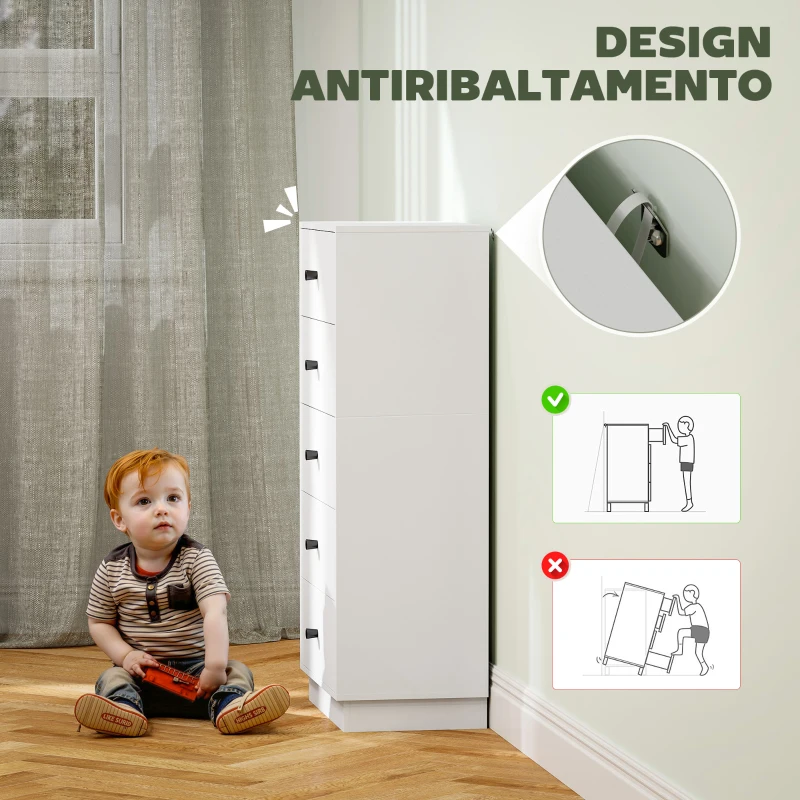 HOMCOM Cassettiera Camera da Letto Moderna e Salvaspazio, con 5 Cassetti e Dispositivo Antiribaltamento, 47x29x95 cm, Bianco