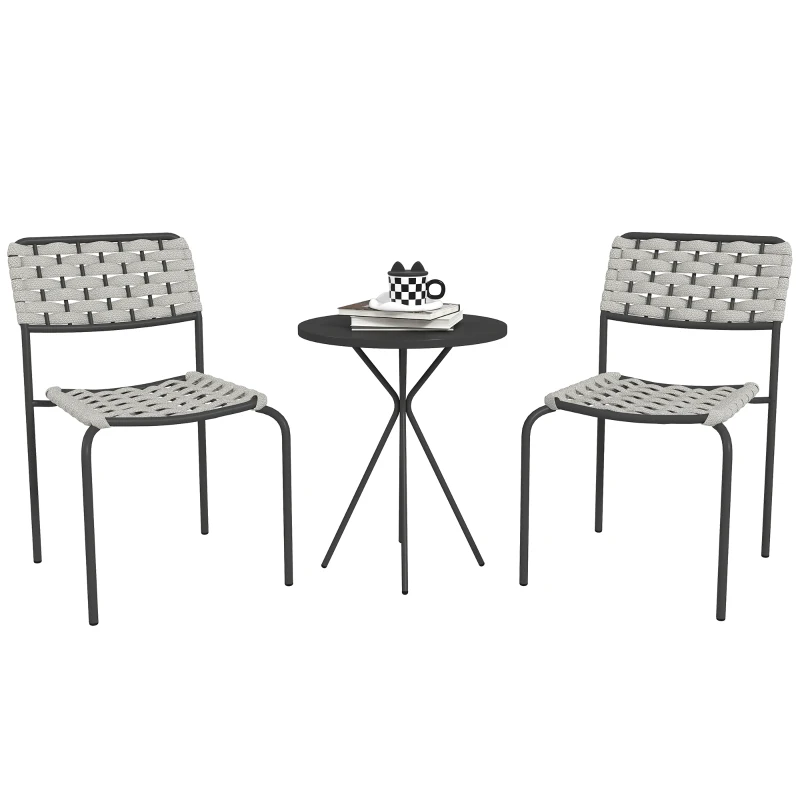 Outsunny Polyrattan Tuinmeubelset, Outdoor Lounge Balkonmeubel voor 2, 3-Delig 2 Stoelen, Tafel Grijs