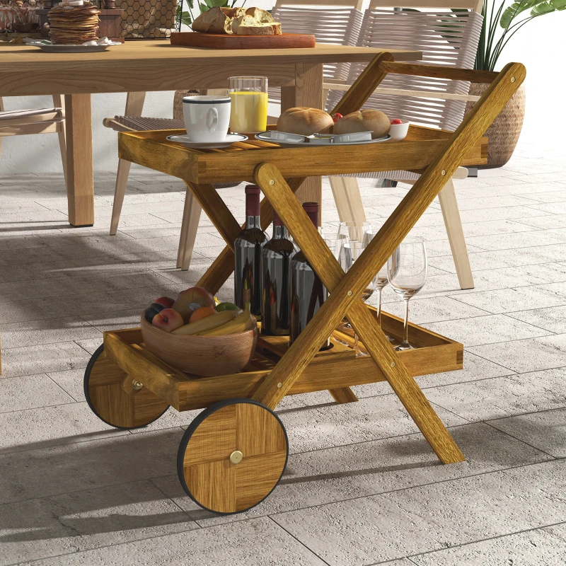 Outsunny Carrito de jardín para barbacoa de madera con 2 estantes, 3 compartimentos para botellas y 2 ruedas Madera Natural