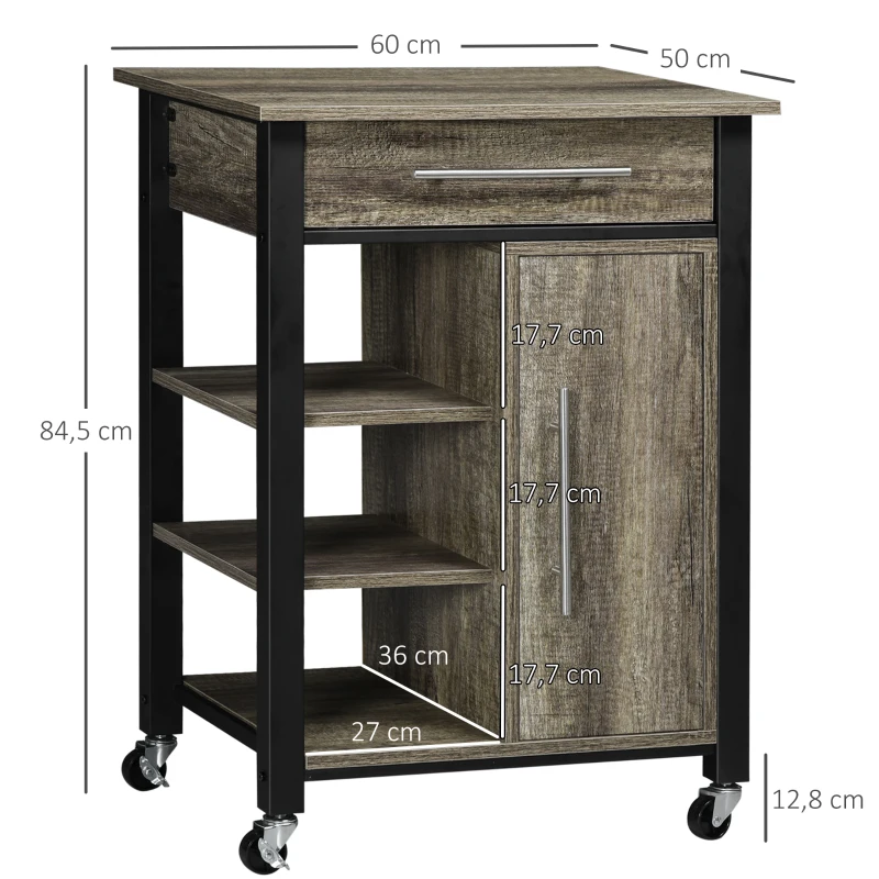 HOMCOM Carrito de Cocina con Ruedas y Cajón - 60x50x84,5 cm - Negro y Imitación Madera
