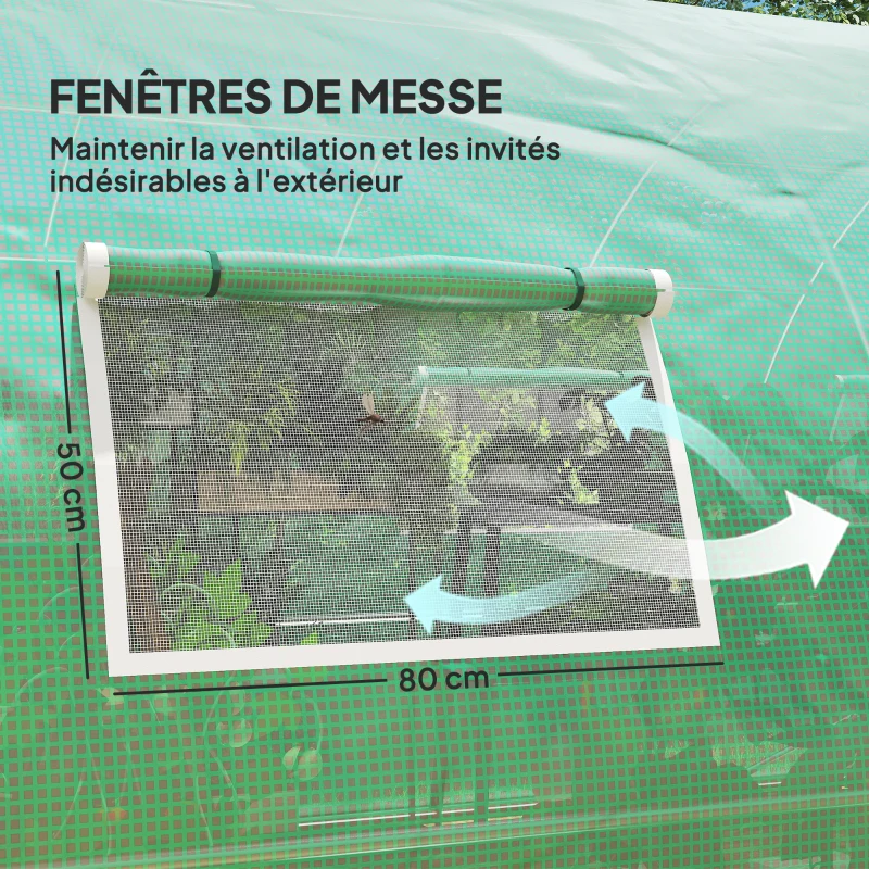Outsunny Serre de jardin tunnel serres tunnel 18 m² 8 fenêtres 2 portes articulées toile PE structure en fer galvanisé vert