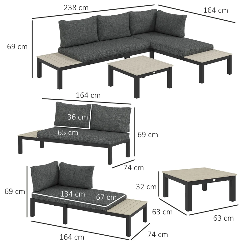 Outsunny 3 Pieces Garden Furniture Set, Aluminium 4 Seater Corner Sofa Set with 2 Loveseats, Coffee Table and Side Trays, Outdoor Conversation Furniture with Cushions for Garden, Dark Grey