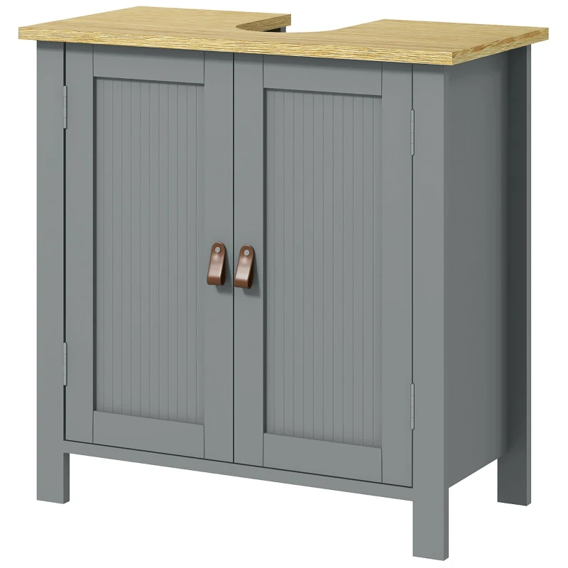 kleankin Mueble bajo lavabo 2 puertas balda ajustable 2 estantes interiores mangos de PU 60x30x60 cm Gris