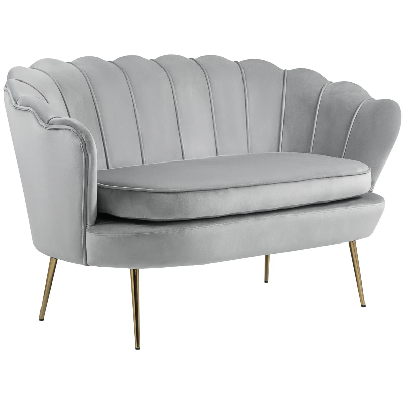 HOMCOM Canapé 2 places en tissu velours en forme de coquillage avec coussin épais de 10 cm pieds dorés effilés gris clair