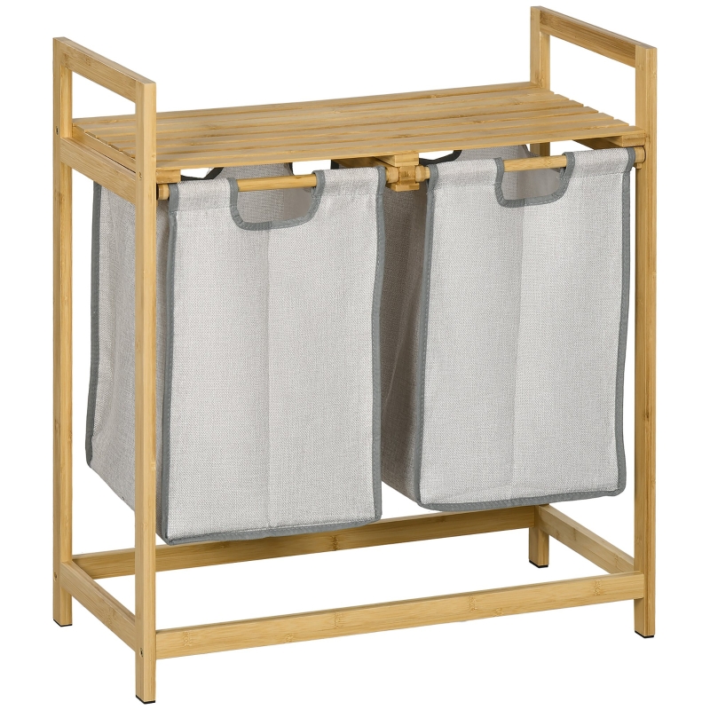 HOMCOM Cesto de Roupa de Bambu Cesto de Roupa Suja com 2 Bolsas Amovíveis e 2 Prateleiras para Casa de Banho 64x33x73 cm Madeira