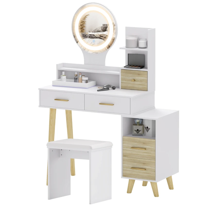 HOMCOM Tocador con espejo y taburete mesa de maquillaje luminosidad ajustable 5 cajones 4 compartimentos 1 estante Blanco