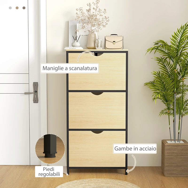 HOMCOM Scarpiera Slim con 3 Cassetti e Ripiani Regolabili per 18 Paia di Scarpe, 60x24x124cm, Rovere