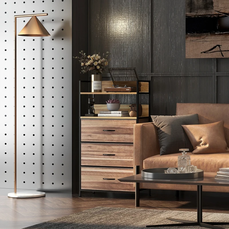 HOMCOM Cómoda Mueble de Almacenamiento estilo industrial con 3 cajones de tela extraíbles y 2 estantes - 60x29x101 cm - MDF y metal