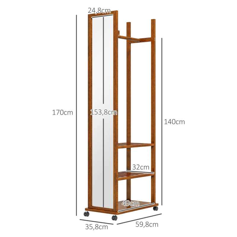 HOMCOM Espejo 2 en 1 Espejo Espejo de Cuerpo Entero Perchero 1 Barra para Ropa 3 Estantes 35,8x59,8x170 cm Natural