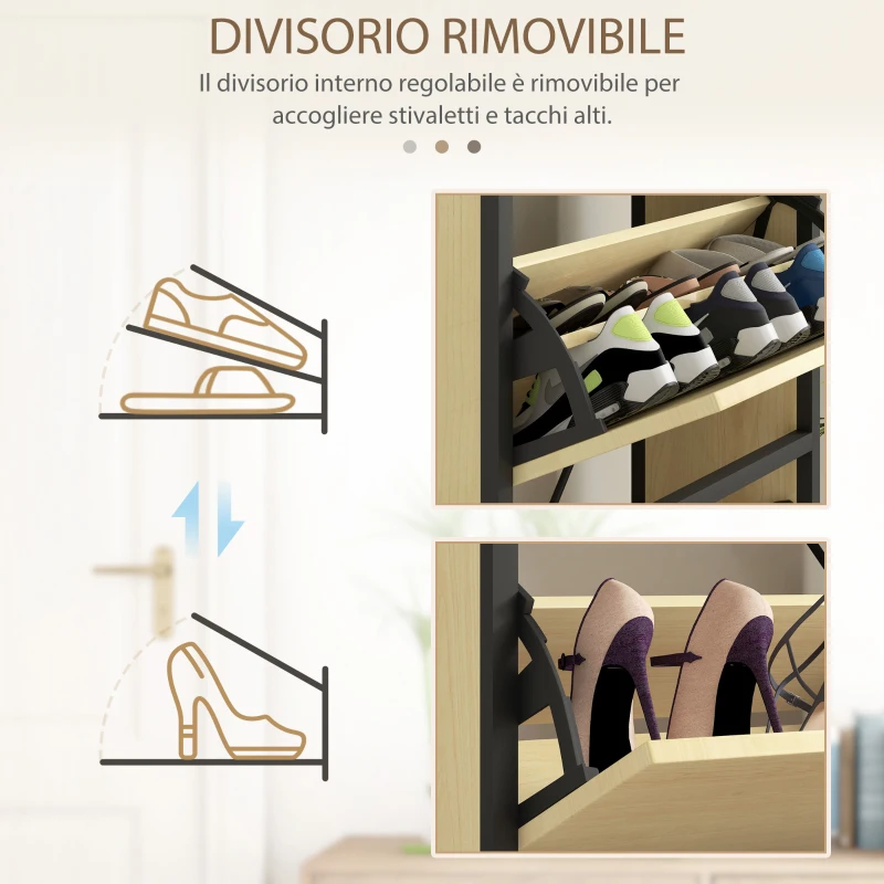 HOMCOM Scarpiera Slim con 3 Cassetti e Ripiani Regolabili per 18 Paia di Scarpe, 60x24x124cm, Rovere