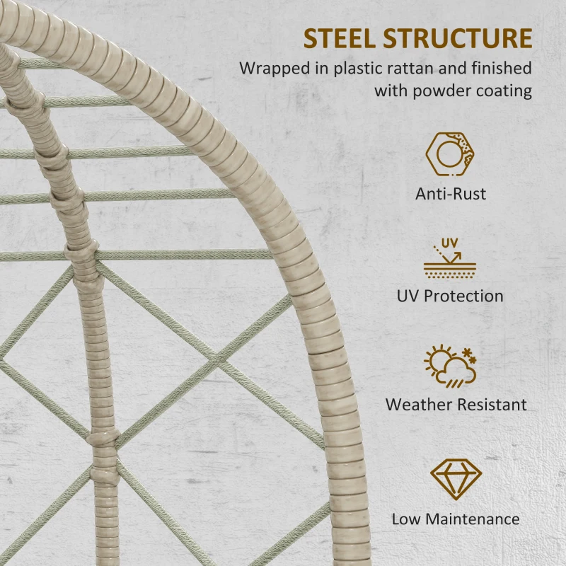 Outsunny Rattan Egg Chair Outdoor Indoor Wicker Chair with Thickened Cushion and Headrest, Standing Garden Egg Chair with Cup Holder, Metal Frame for Patio, Balcony, Grey