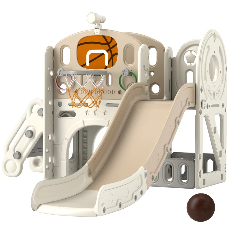 AIYAPLAY Juego de patio para niños, tobogán 7 en 1, Parque de juegos interior con caja de almacenamiento y túnel de gateo, 186x153x111 cm, Blanco crema