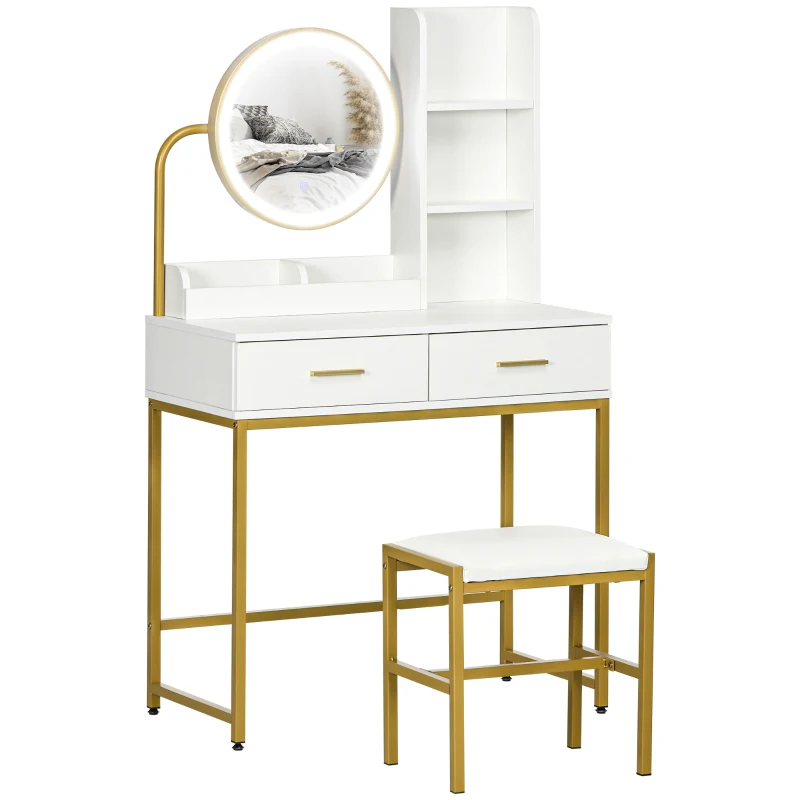 HOMCOM Tocador Mesa de Maquillaje con Espejo Iluminado LED y Taburete Cajones y Estantes Blanco
