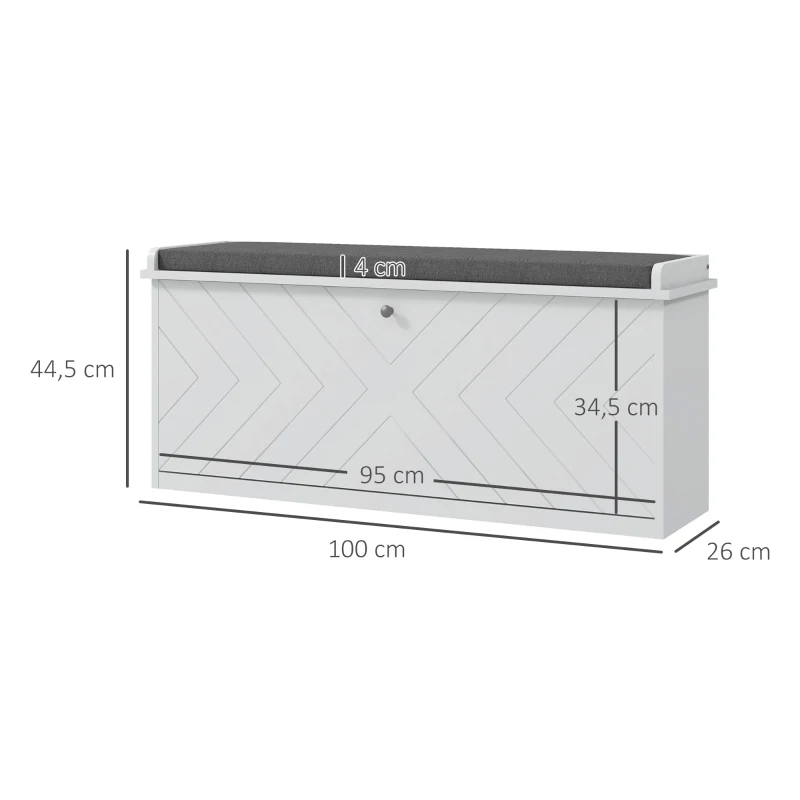 HOMCOM Banco de Zapatos con Cajón Abatible Cojín de Asiento y Estante Ajustable 100x26x44,5 cm Blanco